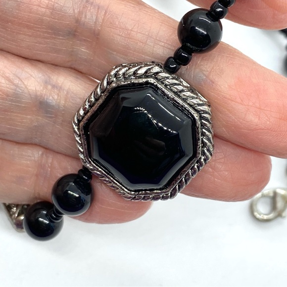 Black Onyx Statement Necklace With Beads Silver Tone Filagree Accents - Picture 2 of 11